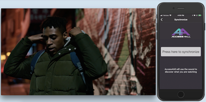 On the left, image of a young man wearing a green winter jacket. He lifts the hood of a gray jacket underneath the green one. On the right, a phone shows on the screen the Access4all app. The wide button in the middle says, 